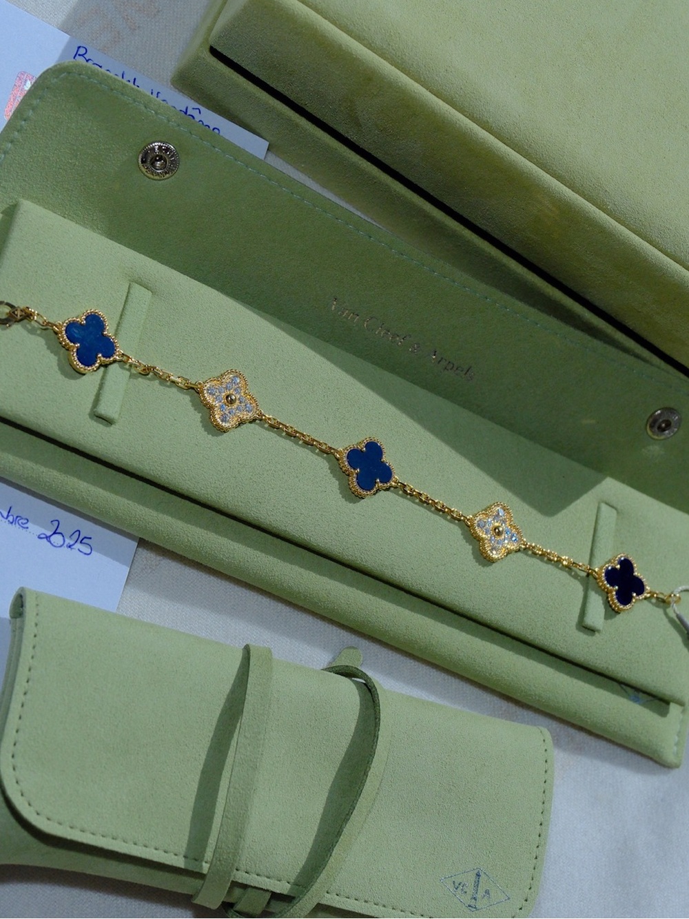 VAN CLEEF & ARPELS 18K DIAMOND BLUE SEVRES PORCELAIN VENDOME ALHAMBRA BRACELET